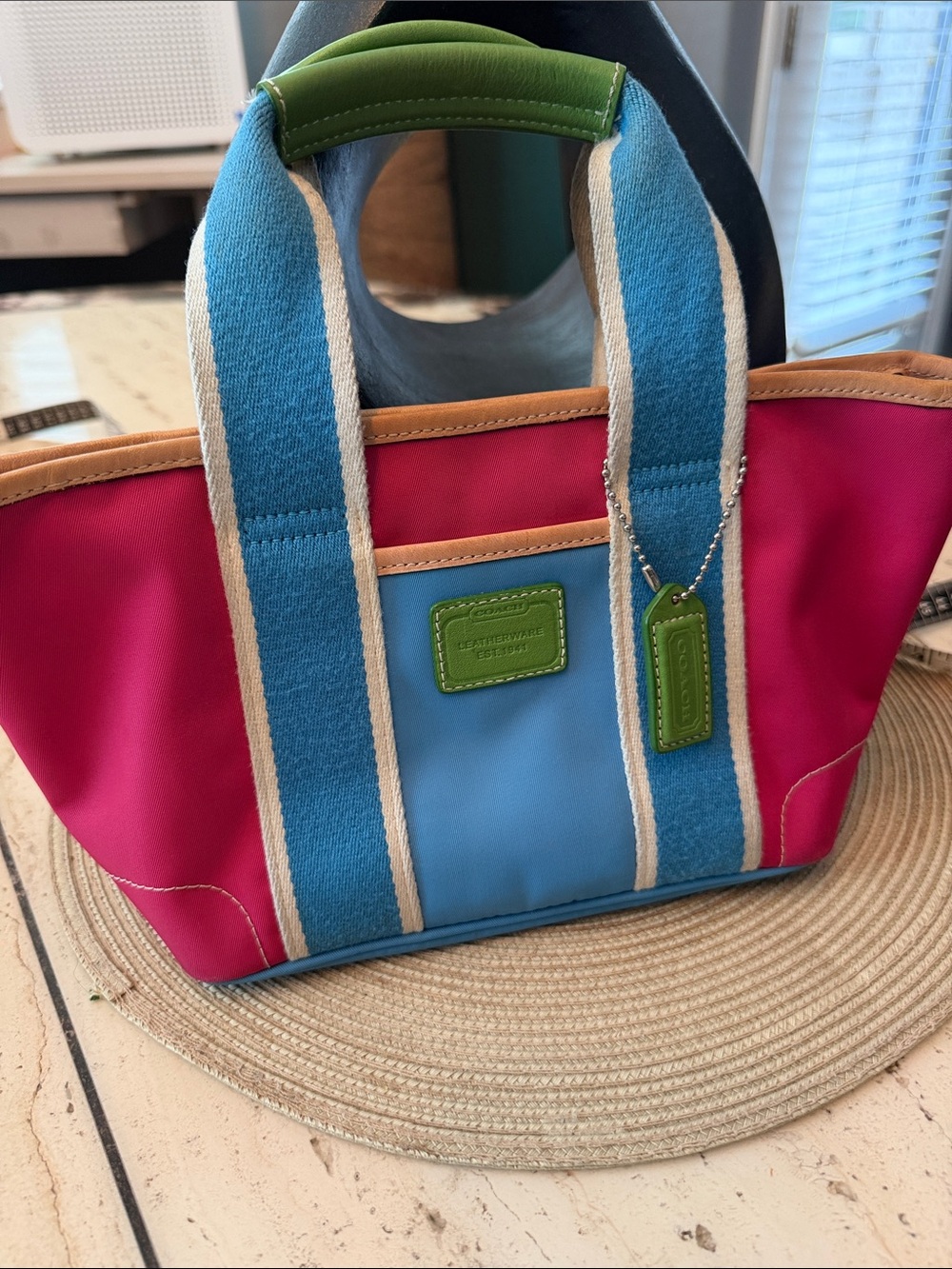 Coach Vintage Leatherware 2005 Pink and Blue Nylon Tote with Green Trim Retail